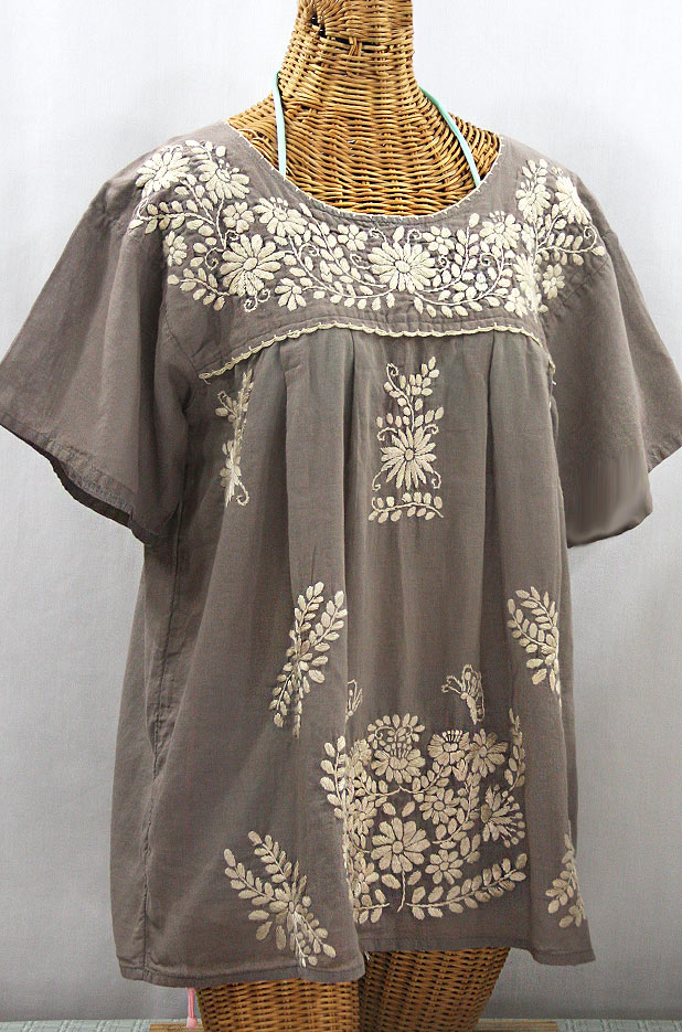 "La Mariposa Libre" Plus Size Mexican Peasant Blouse - Fog + Cream