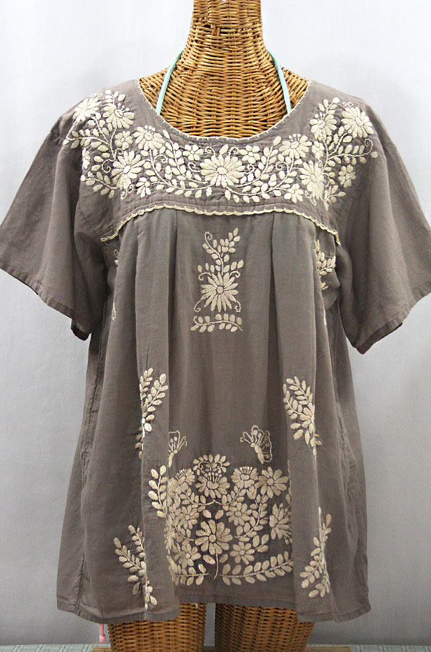 "La Mariposa Libre" Plus Size Mexican Peasant Blouse - Fog + Cream