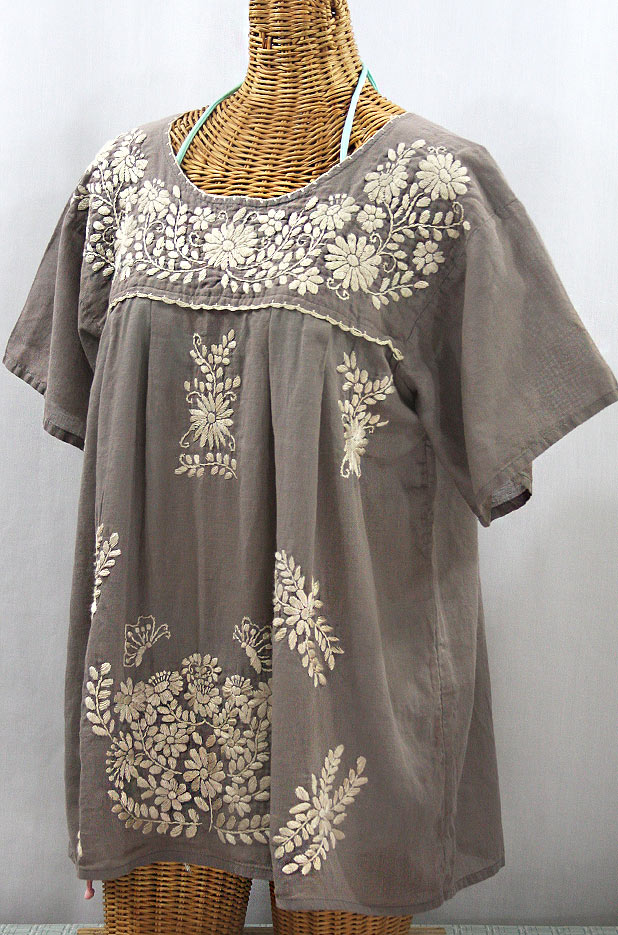 "La Mariposa Libre" Plus Size Mexican Peasant Blouse - Fog + Cream