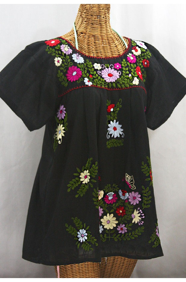 "La Mariposa Libre" Plus Size Mexican Peasant Blouse - Black + Multi