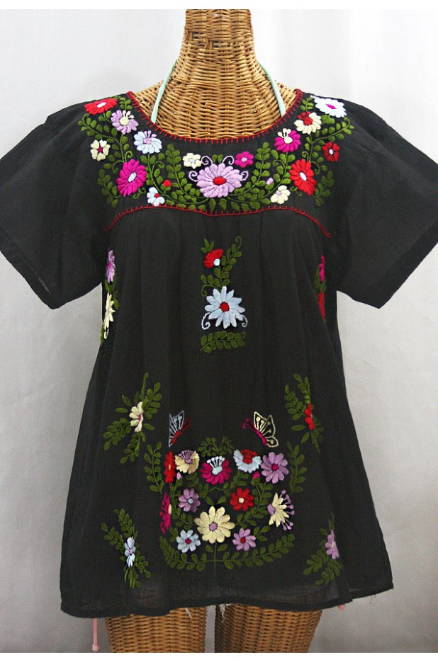 "La Mariposa Libre" Plus Size Mexican Peasant Blouse - Black + Multi