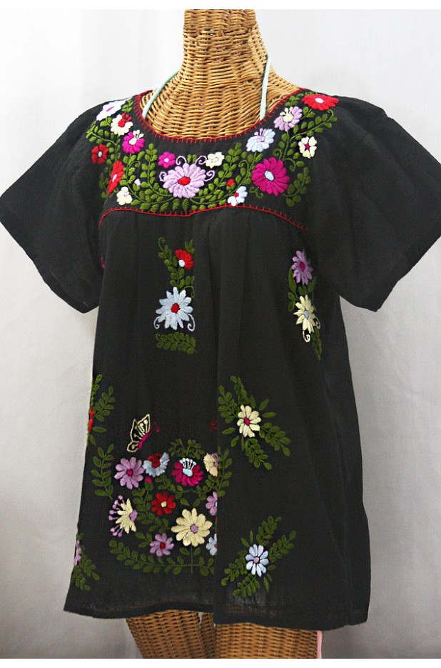 "La Mariposa Libre" Plus Size Mexican Peasant Blouse - Black + Multi