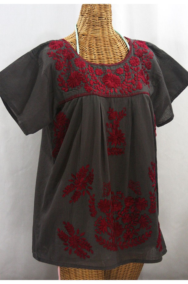 "La Mariposa Libre" Plus Size Mexican Peasant Blouse - Charcoal + Burgundy