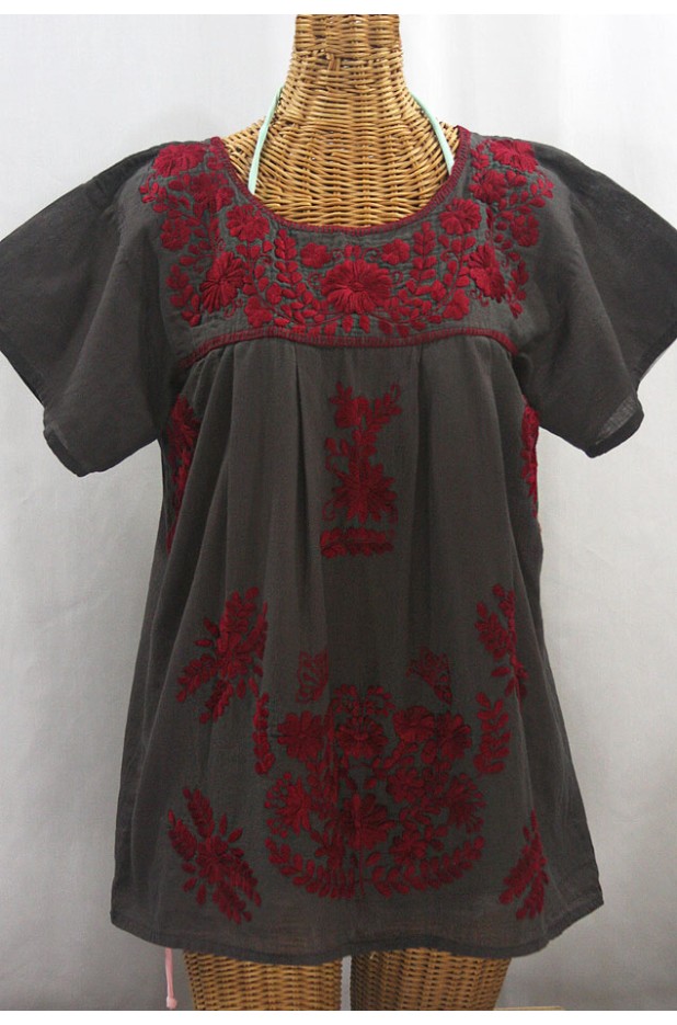 "La Mariposa Libre" Plus Size Mexican Peasant Blouse - Charcoal + Burgundy