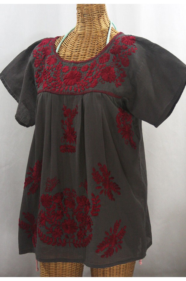 "La Mariposa Libre" Plus Size Mexican Peasant Blouse - Charcoal + Burgundy