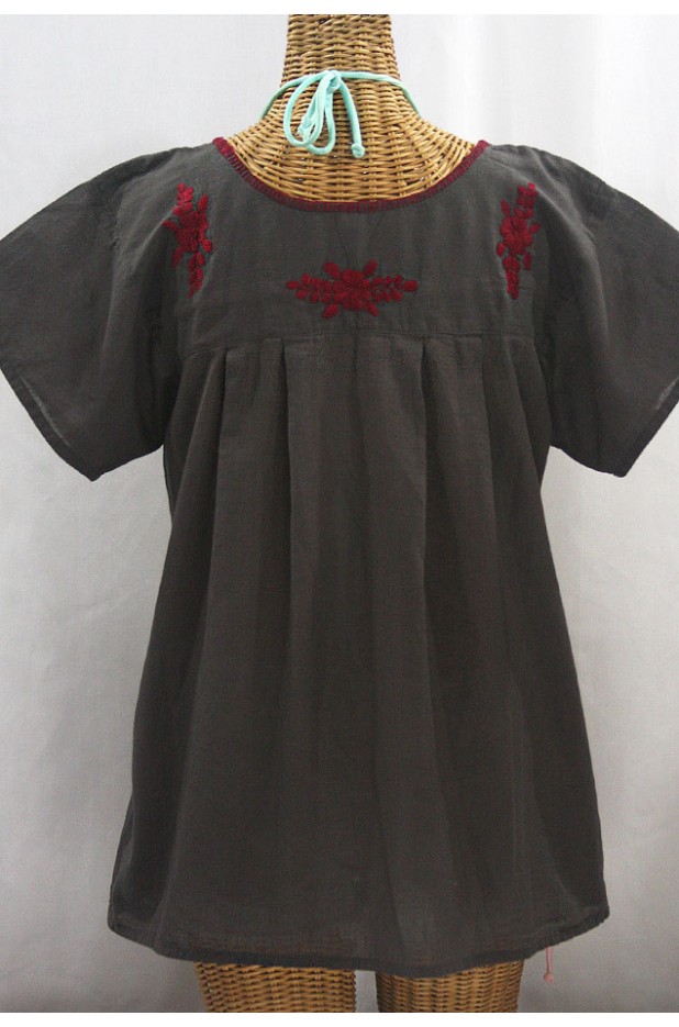 "La Mariposa Libre" Plus Size Mexican Peasant Blouse - Charcoal + Burgundy