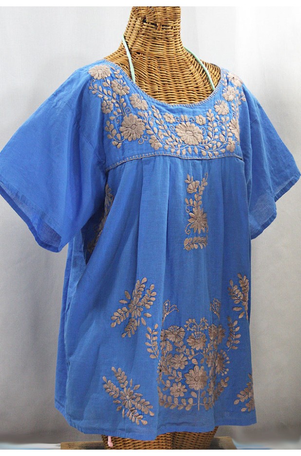 "La Mariposa Libre" Plus Size Mexican Peasant Blouse - Light Blue + Cocoa