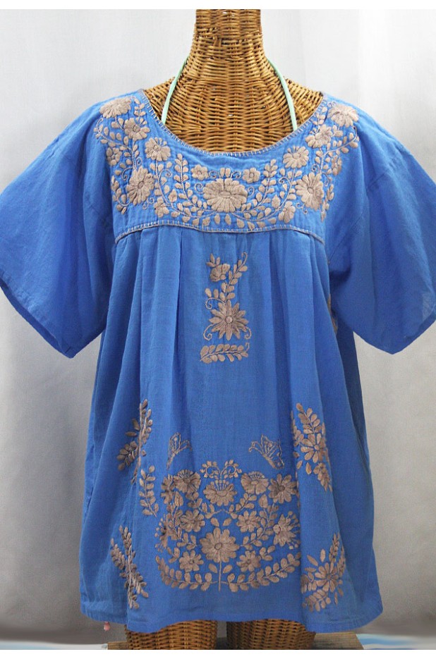 "La Mariposa Libre" Plus Size Mexican Peasant Blouse - Light Blue + Cocoa