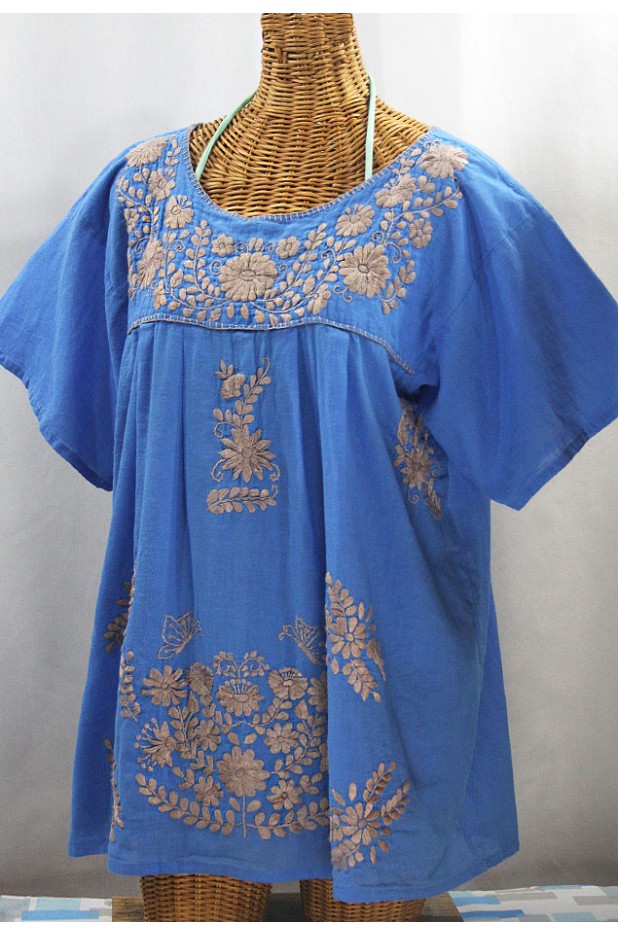 "La Mariposa Libre" Plus Size Mexican Peasant Blouse - Light Blue + Cocoa