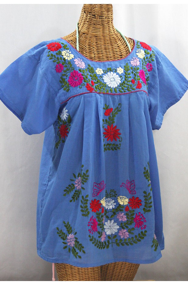 "La Mariposa Libre" Plus Size Mexican Peasant Blouse - Light Blue + Multi