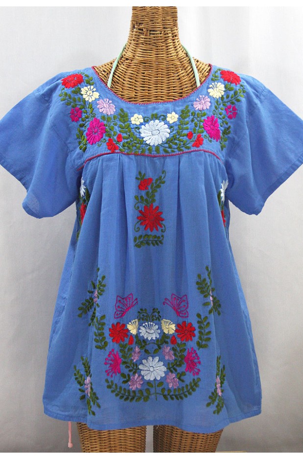 "La Mariposa Libre" Plus Size Mexican Peasant Blouse - Light Blue + Multi