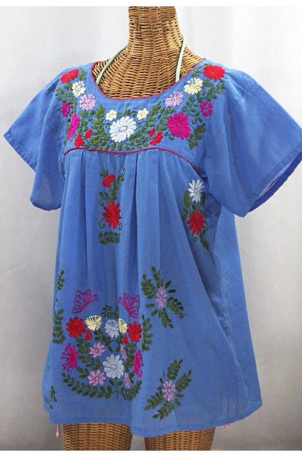 "La Mariposa Libre" Plus Size Mexican Peasant Blouse - Light Blue + Multi