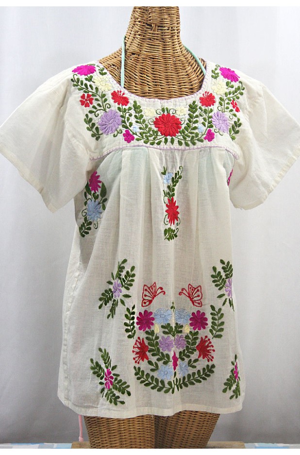 "La Mariposa Libre" Plus Size Mexican Peasant Blouse - Off White + Multi