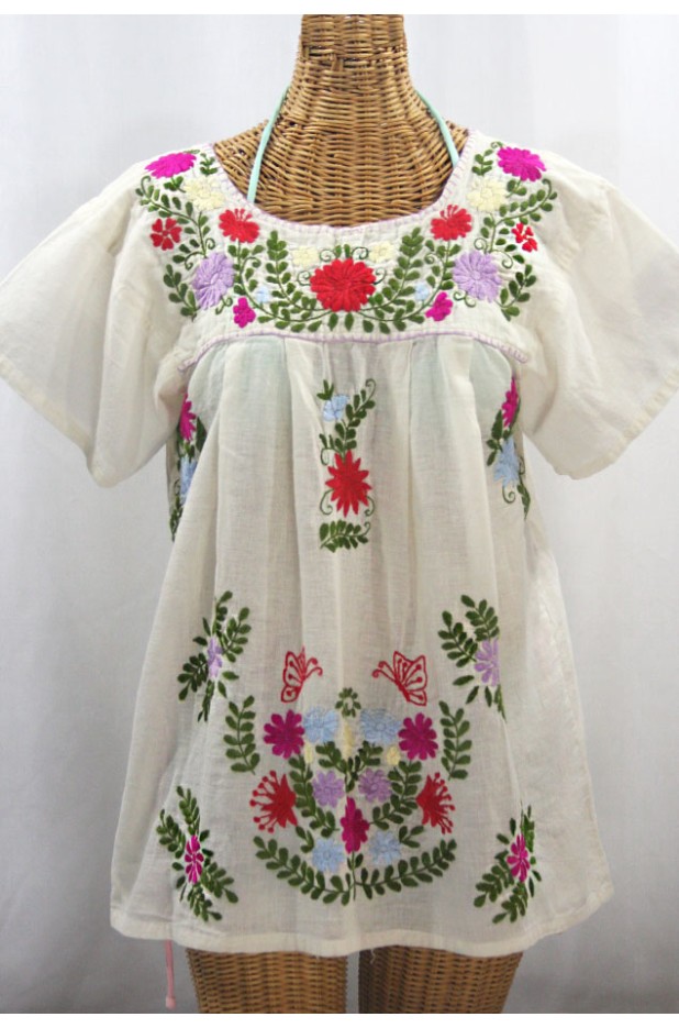 "La Mariposa Libre" Plus Size Mexican Peasant Blouse - Off White + Multi