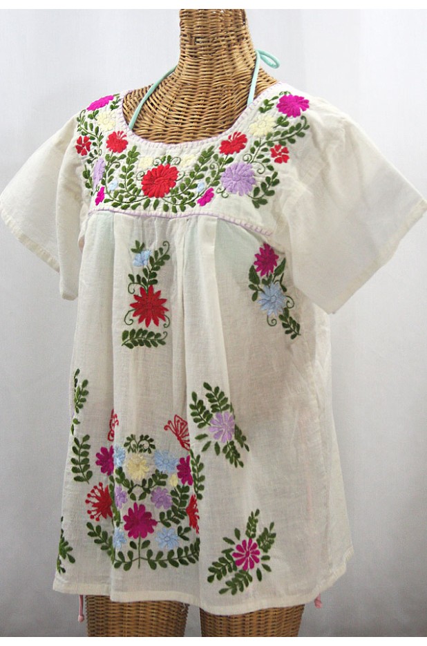 "La Mariposa Libre" Plus Size Mexican Peasant Blouse - Off White + Multi