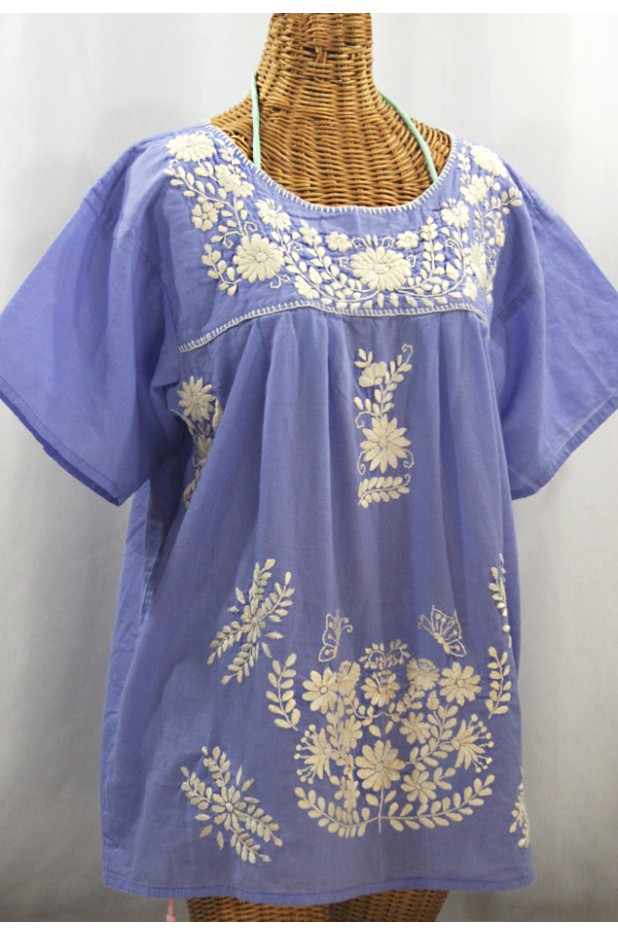 "La Mariposa Libre" Plus Size Mexican Peasant Blouse - Periwinkle + Cream