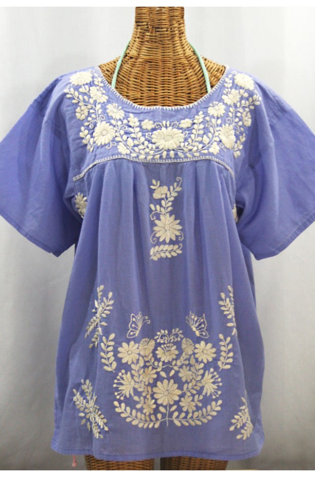 "La Mariposa Libre" Plus Size Mexican Peasant Blouse - Periwinkle + Cream