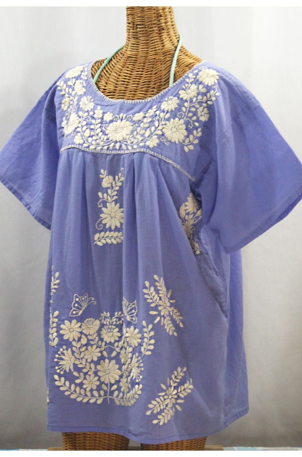 "La Mariposa Libre" Plus Size Mexican Peasant Blouse - Periwinkle + Cream