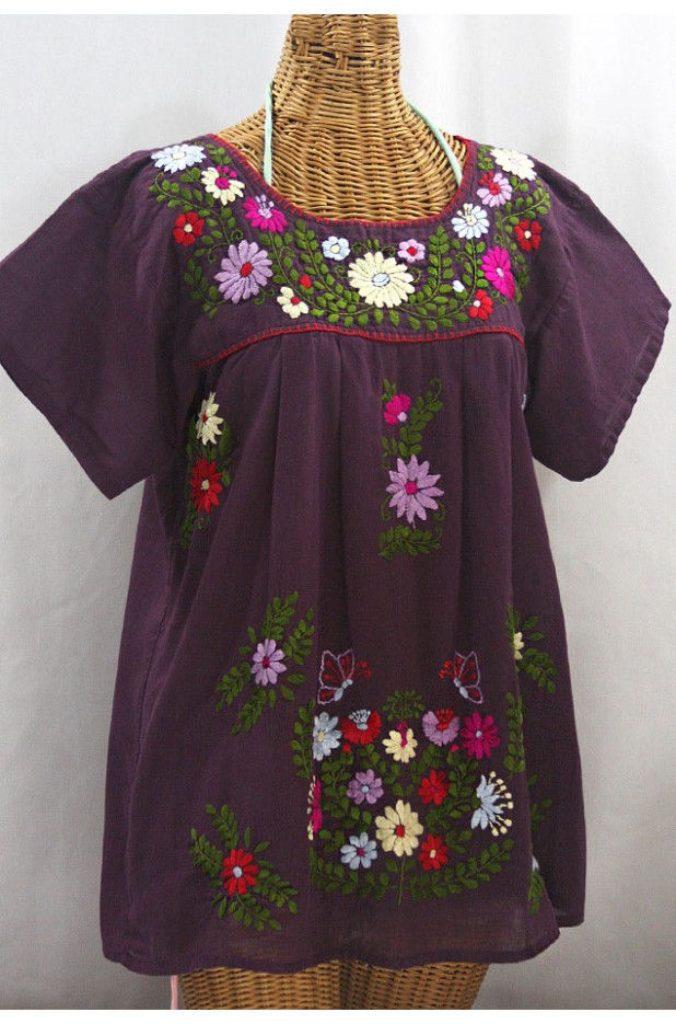 "La Mariposa Libre" Plus Size Mexican Peasant Blouse - Plum + Multi