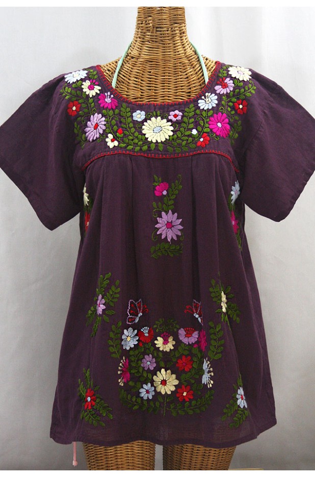 "La Mariposa Libre" Plus Size Mexican Peasant Blouse - Plum + Multi