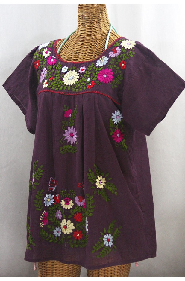 "La Mariposa Libre" Plus Size Mexican Peasant Blouse - Plum + Multi