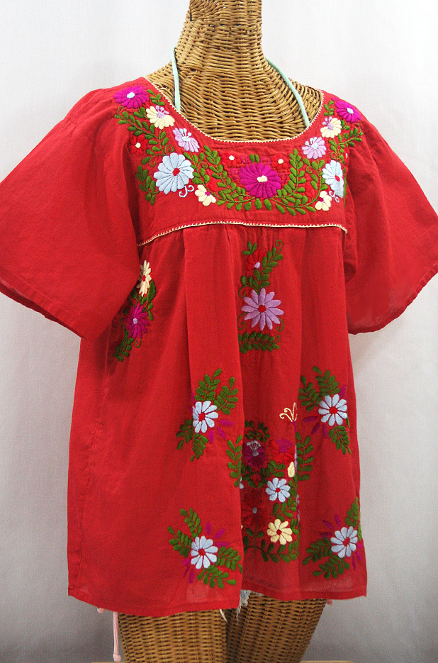 "La Mariposa Libre" Plus Size Mexican Peasant Blouse - Tomato Red + Multi