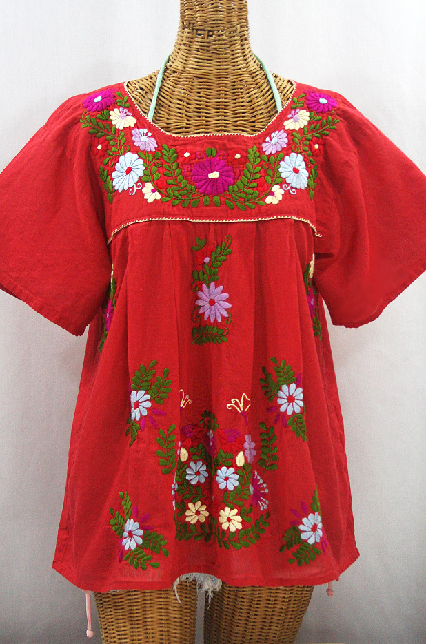 "La Mariposa Libre" Plus Size Mexican Peasant Blouse - Tomato Red + Multi