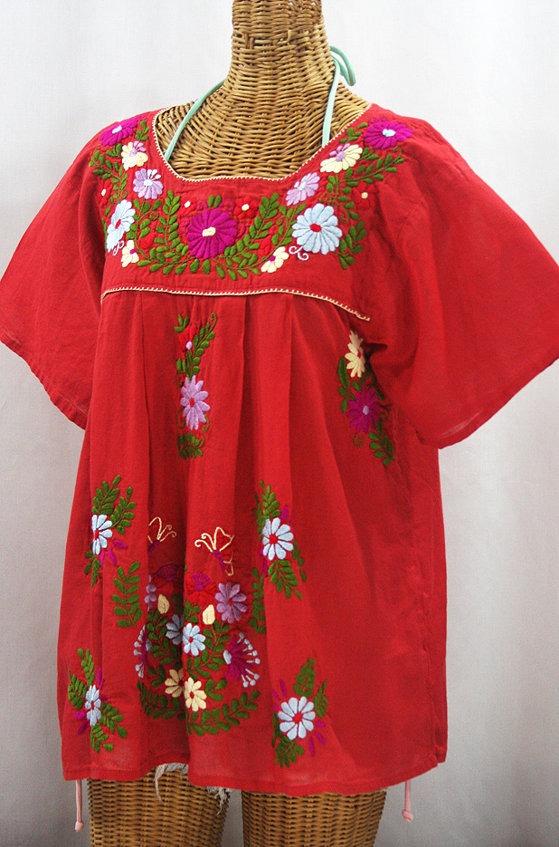 "La Mariposa Libre" Plus Size Mexican Peasant Blouse - Tomato Red + Multi