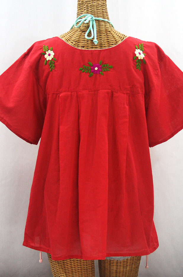 "La Mariposa Libre" Plus Size Mexican Peasant Blouse - Tomato Red + Multi