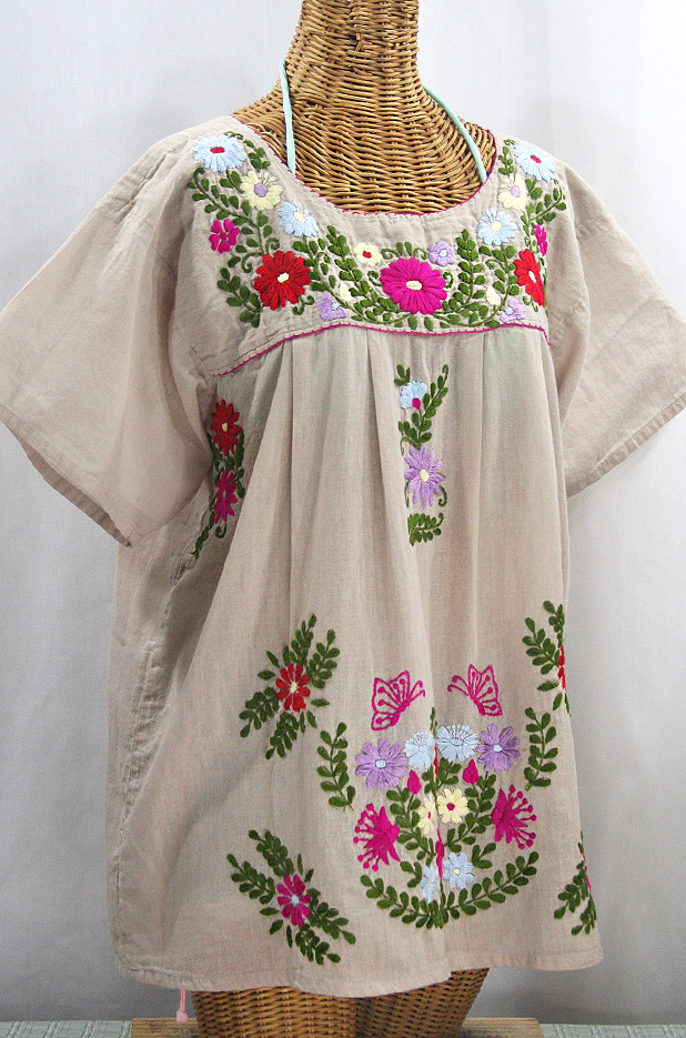 "La Mariposa Libre" Plus Size Mexican Peasant Blouse - Greige + Multi