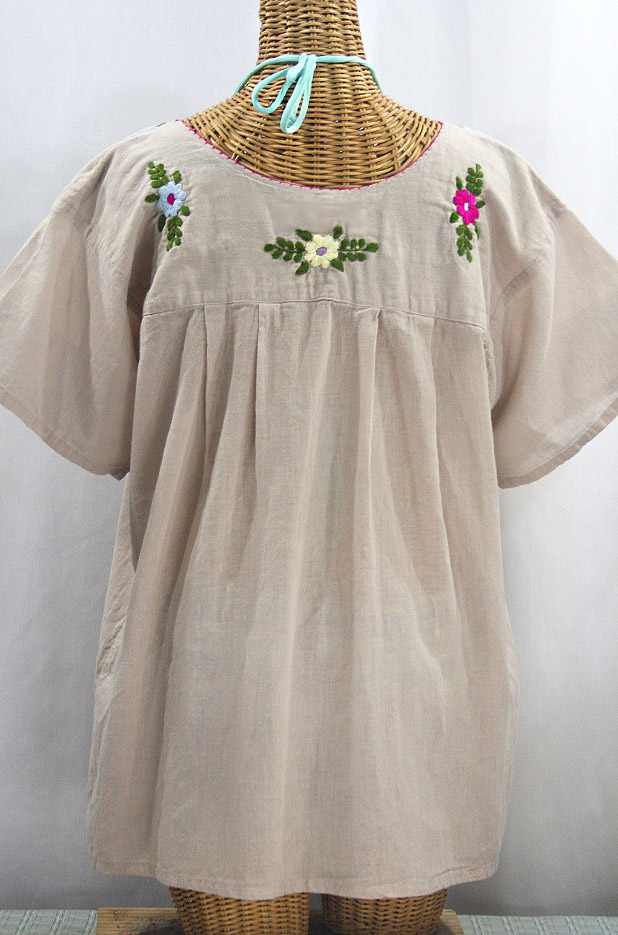 "La Mariposa Libre" Plus Size Mexican Peasant Blouse - Greige + Multi