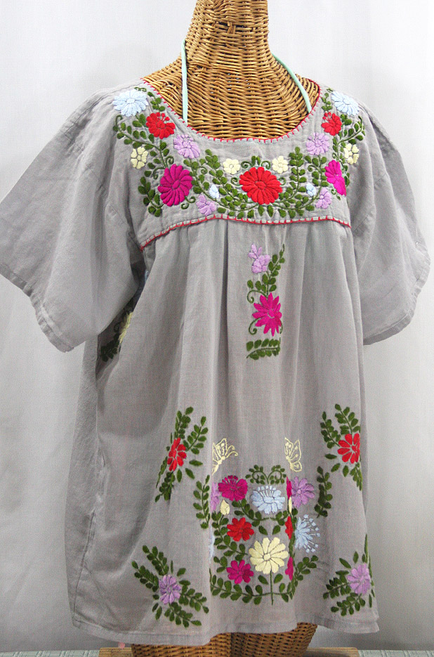 "La Mariposa Libre" Plus Size Mexican Peasant Blouse - Grey + Multi