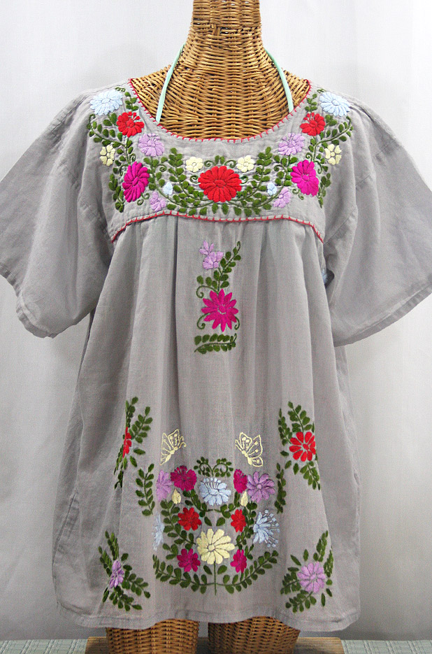 "La Mariposa Libre" Plus Size Mexican Peasant Blouse - Grey + Multi