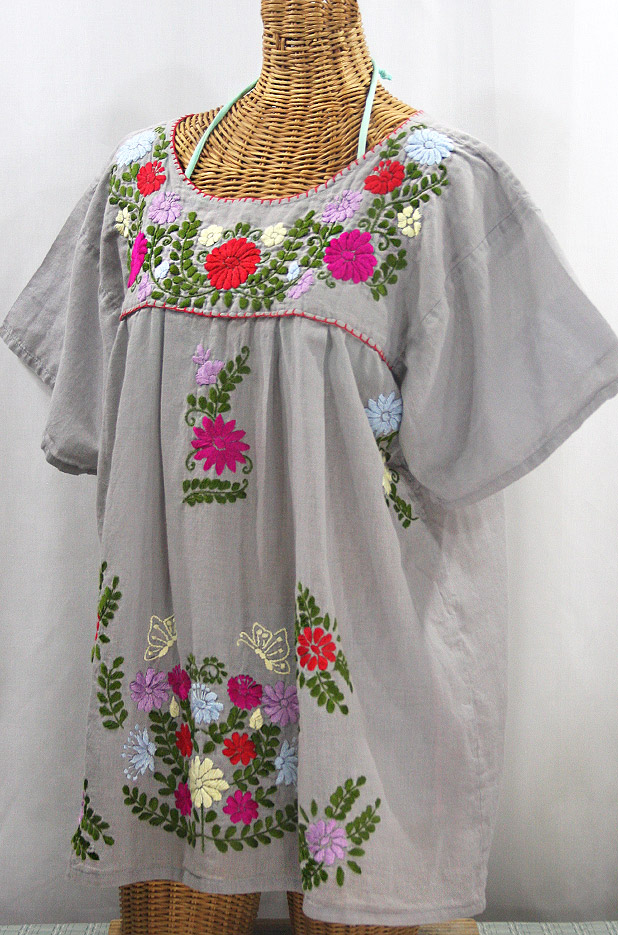 "La Mariposa Libre" Plus Size Mexican Peasant Blouse - Grey + Multi