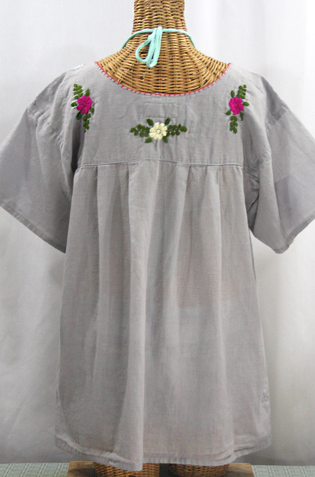 "La Mariposa Libre" Plus Size Mexican Peasant Blouse - Grey + Multi