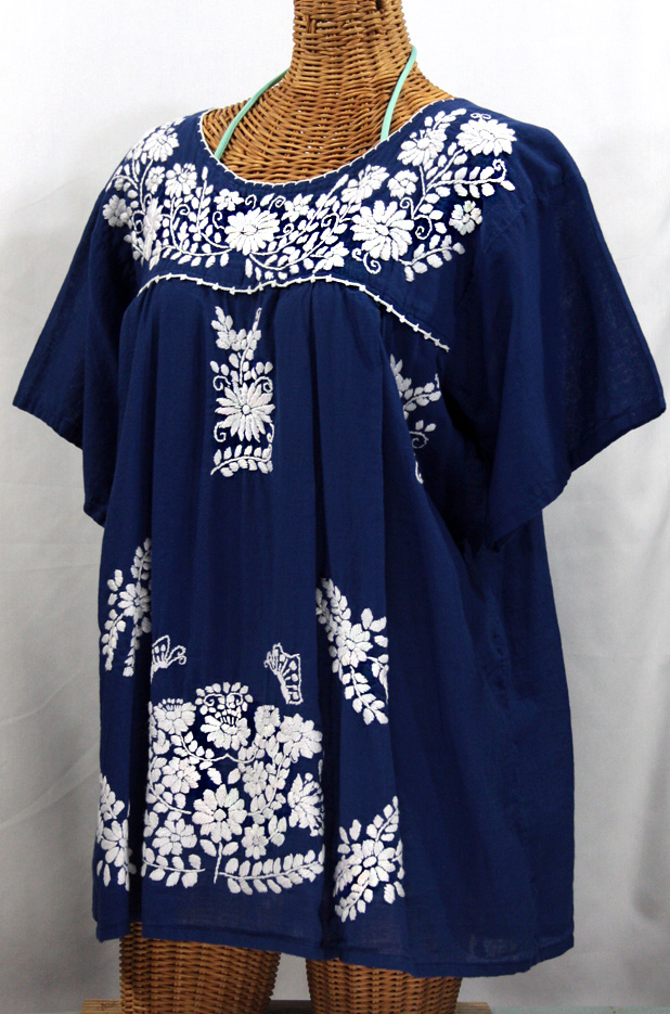 "La Mariposa Libre" Plus Size Mexican Blouse - Denim Blue