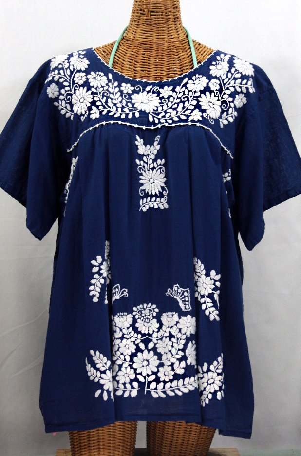 "La Mariposa Libre" Plus Size Mexican Blouse - Denim Blue