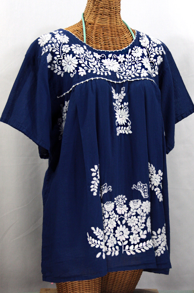 "La Mariposa Libre" Plus Size Mexican Blouse - Denim Blue