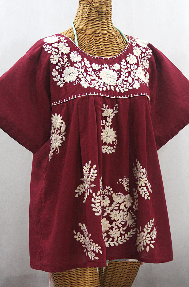 "La Mariposa Libre" Plus Size Mexican Peasant Blouse - Burgundy + Cream