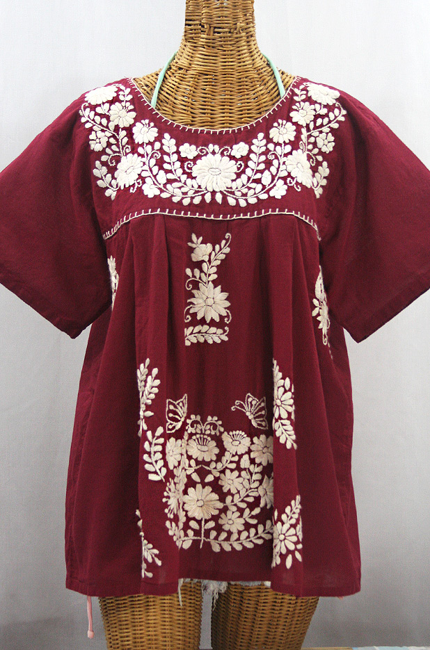 "La Mariposa Libre" Plus Size Mexican Peasant Blouse - Burgundy + Cream