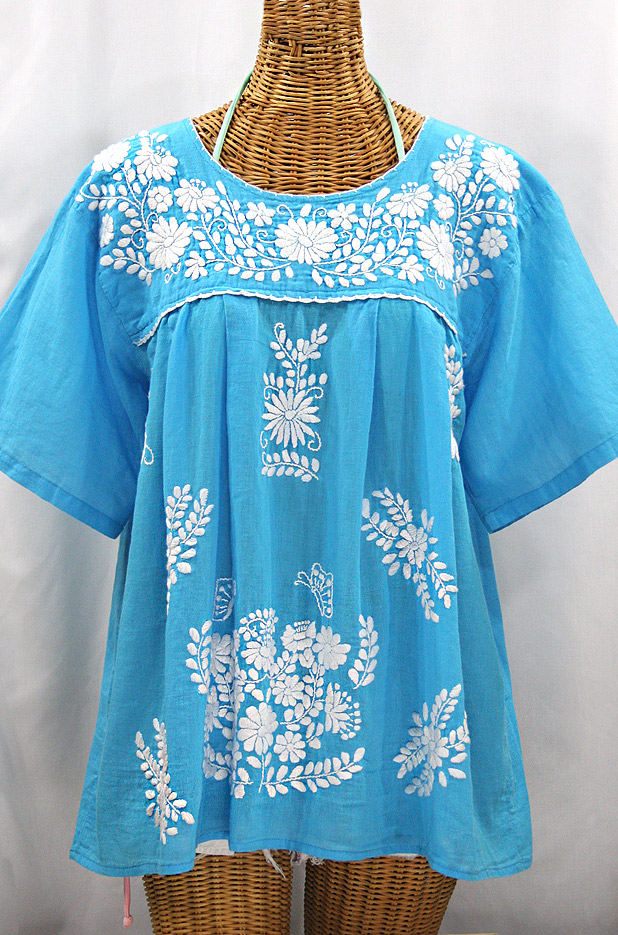 "La Mariposa Libre" Plus Size Mexican Peasant Blouse - Aqua