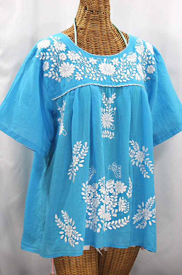 "La Mariposa Libre" Plus Size Mexican Peasant Blouse - Aqua