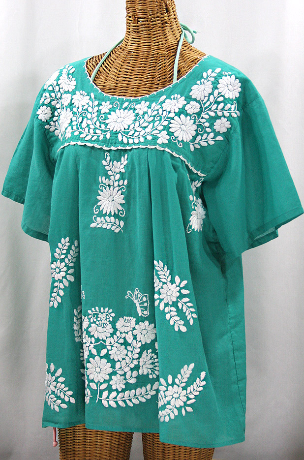 "La Mariposa Libre" Plus Size Mexican Peasant Blouse - Mint Green