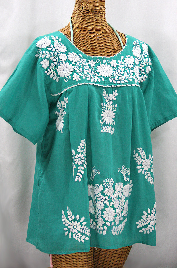 "La Mariposa Libre" Plus Size Mexican Peasant Blouse - Mint Green