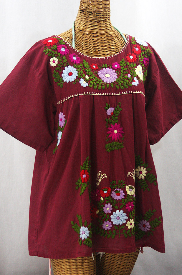 "La Mariposa Libre" Plus Size Mexican Peasant Blouse - Burgundy + Multi