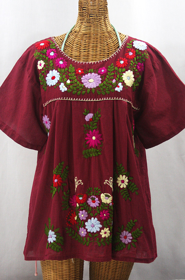 "La Mariposa Libre" Plus Size Mexican Peasant Blouse - Burgundy + Multi