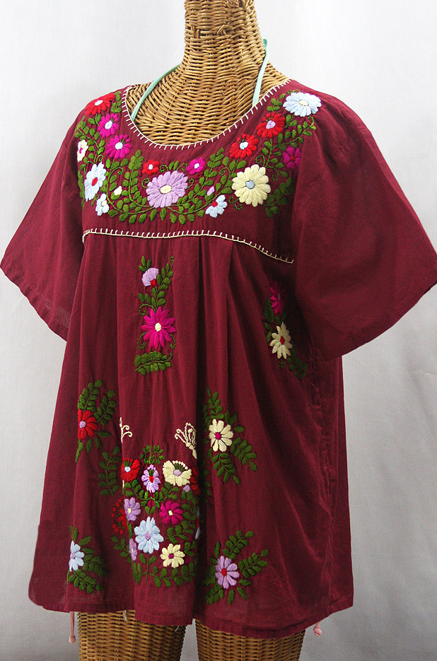 "La Mariposa Libre" Plus Size Mexican Peasant Blouse - Burgundy + Multi