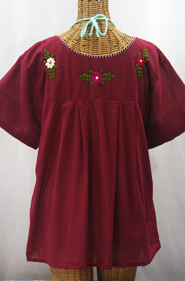 "La Mariposa Libre" Plus Size Mexican Peasant Blouse - Burgundy + Multi