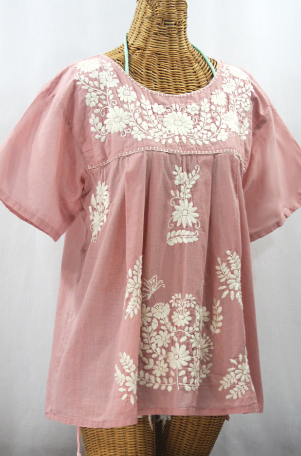 "La Mariposa Libre" Plus Size Mexican Peasant Blouse - Dusty Light Pink + Cream