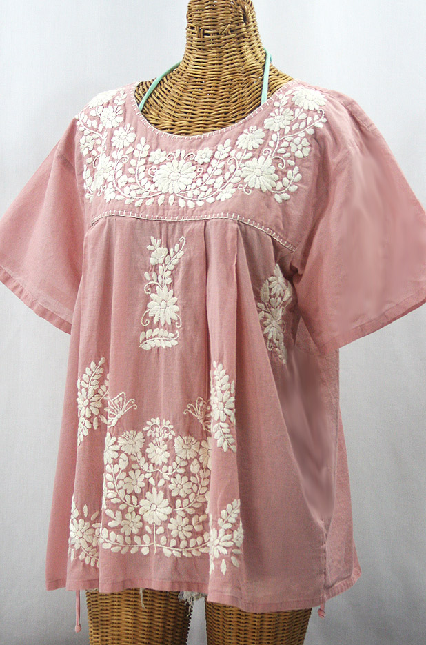 "La Mariposa Libre" Plus Size Mexican Peasant Blouse - Dusty Light Pink + Cream